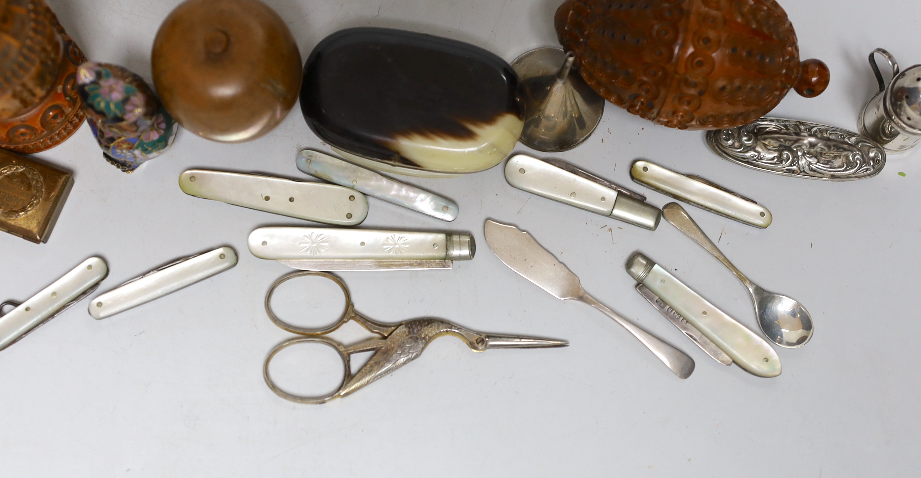 Eight mother of pearl mounted fruit of pocket knives and a small silver funnel, etc, including treen items, small silver pepperette and nail buffer.